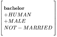 ${\setlength{\arraycolsep}{0.8mm}

\renewcommand {1.2}{1.2}

\left[

\begin{arr...

...}}}\\

+ HUMAN \\

+ MALE \\

NOT-MARRIED \\ [-2mm] \\

\end{array} \right]

}$